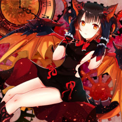 Rule 34 | 1girl, armpits, bare legs, black dress, black hair, blush, bow, breasts, clock, clothing cutout, commentary request, dragon girl, dragon horns, dragon tail, dragon wings, dress, female focus, gears, hair between eyes, hair bow, hair ornament, hand on own head, highres, horns, looking at viewer, multicolored hair, myr (p&amp;d), open mouth, orange eyes, orange hair, puzzle &amp; dragons, ruchita, short hair, side cutout, sitting, solo, tail, thighs, two-tone hair, wings