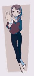 Rule 34 | 1girl, arm behind back, black pants, border, brown background, closed mouth, commentary request, drill hair, drill ponytail, flats, full body, grey eyes, hair over shoulder, hand puppet, hand up, handkerchief, highres, holding, holding handkerchief, idolmaster, idolmaster cinderella girls, imay3927, looking at object, low ponytail, mochida arisa, outside border, pants, ponytail, puppet, rabbit puppet, red sweater, simple background, smile, solo, standing, sweater, tareme, white border, white footwear