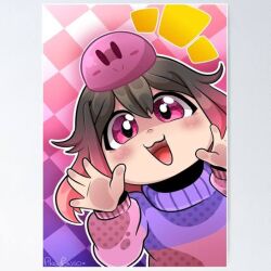 akumu_(glitchtale) bete_noire brown_hair clothes glitchtale open_mouth pink_eyes pink_hair pink_shirt poster purple_shirt shirt short_hair smile undertale utdr_(toby_fox)