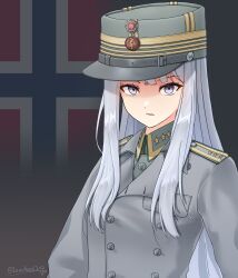 1girl absurdres artist_name buttons coat commentary double-breasted flag_background green_hat green_jacket grey_coat grey_eyes grey_hair hat highres jacket leochan1202 long_hair looking_at_viewer military military_rank_insignia military_uniform norway norwegian_army norwegian_flag open_mouth original peaked_cap shoulder_boards sidelocks solo upper_body world_war_ii
