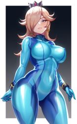 1girl blonde_hair blue_bodysuit blue_eyes bodysuit border breasts cosplay covered_navel cowboy_shot crown earrings grey_background hair_over_one_eye highres jewelry large_breasts long_hair looking_at_viewer mario_(series) metroid nintendo parted_lips rosalina samus_aran samus_aran_(cosplay) skin_tight solo star_(symbol) star_earrings super_mario_galaxy volyz white_border zero_suit