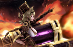 1girl absurdres artist_name black_hairband breasts brown_gloves brown_hair cannon commentary english_commentary fire gloves hair_intakes hairband hat highres honkai_(series) honkai_impact_3rd large_breasts mea_(manami030) medium_hair open_mouth pixiv_logo smile solo top_hat twitter_logo vill-v