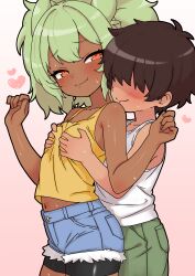 1boy 1girl blush breasts dark-skinned_female dark_skin denim fang fangs grabbing_another&#039;s_breast green_hair groping heart heart-shaped_pupils highres humotaru kodomo_doushi loli orange_eyes original shorts shota skin_fang sweat symbol-shaped_pupils tank_top