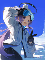 Rule 34 | 1girl, :d, absurdres, adjusting goggles, black gloves, black pants, blue archive, blue sky, clear sky, commentary, cowboy shot, english commentary, gloves, goggles, goggles on head, hair down, halo, hand on headwear, highres, jacket, knit hat, lipton (user nfaw4242), long hair, long sleeves, looking at viewer, looking back, mechanical halo, open mouth, pants, purple eyes, purple hair, shirt, sidelocks, ski goggles, sky, smile, snow, solo, straight hair, teeth, upper teeth only, v, white jacket, white shirt, winter clothes, winter gloves, yuuka (blue archive)