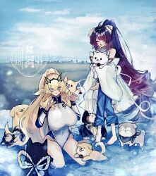 2girls absurdres animal_ears barghest_(fate) blonde_hair blush breasts brown_hair daikaku_(fate) dog dog_ears dousetsu_(fate) fate/grand_order fate_(series) genpachi_(fate) green_eyes highres horns huge_breasts keno_(fate) kobungo_(fate) kyokutei_bakin_(fate) long_hair long_sleeves medium_breasts multiple_girls noa_pisces open_mouth ponytail shinbei_(dog)_(fate) shino_(fate) sousuke_(fate) very_long_hair