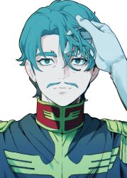 Rule 34 | 2boys, challia bull, char aznable, facial hair, gloves, green eyes, green hair, gundam, gundam gquuuuuux, hand in another&#039;s hair, highres, jacket, long sleeves, looking at viewer, male focus, military jacket, military uniform, mizu mo gura, multiple boys, mustache, short hair, simple background, upper body, white background