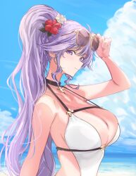 1girl absurdres blue_sky breasts cleavage cloud cloudy_sky commission commissioner_upload cross cross_necklace eyewear_on_head fire_emblem fire_emblem:_genealogy_of_the_holy_war flower hair_flower hair_ornament highres ishtar_(fire_emblem) jewelry large_breasts long_hair natsumegu_(yvku8527) necklace nintendo ponytail purple_eyes purple_hair sky solo sunglasses swimsuit