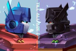 2boys alternate_universe armor autobot black_horns blue_background blue_eyes blue_horns catchphrase from_side highres horns lantana0_0 lights male_focus mask mecha mirror mirror_twins motor_vehicle multiple_boys opposing_sides optimus_prime optimus_prime_(shattered_glass) piston profile purple_armor purple_background red_armor red_eyes robot transformers transformers_shattered_glass truck upper_body