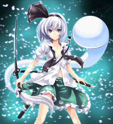 1girl asu_hare bad_id bad_pixiv_id blue_eyes cherry_blossoms collarbone dress_shirt female_focus frilled_skirt frills ghost glaring green_skirt hairband highres hitodama katana konpaku_youmu konpaku_youmu_(ghost) looking_at_viewer miniskirt navel necktie no_bra open_clothes open_shirt petals print_skirt scabbard sheath sheathed shirt short_hair silver_hair skirt solo standing sword touhou unbuttoned undone_necktie weapon wind