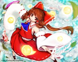 Rule 34 | 1girl, ascot, bow, brown hair, dancing, detached sleeves, female focus, gohei, hair bow, hair tubes, hakurei reimu, hand fan, haraegushi, moni (credo), oonusa, orb, outstretched arms, ponytail, red eyes, sarashi, solo, touhou, wide sleeves