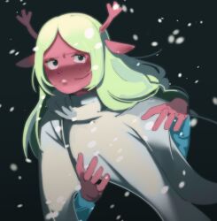animal_ears antlers beriiblast black_background black_eyes blonde_hair blue_sleeves buck_teeth deer_antlers deer_ears deer_girl deltarune freckles frown furry furry_female hands_up highres horns long_hair long_sleeves noelle_holiday noelle_holiday_(dark_world) reindeer_antlers reindeer_girl robe simple_background snowflakes snowing teeth white_robe