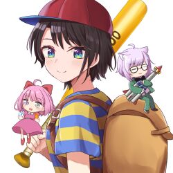 3girls :3 backpack bag baseball_bat baseball_cap black_bow black_hair blue_eyes bow chibi closed_eyes closed_mouth cosplay dress fire floating glasses hair_bow hat highres himemori_luna holding holding_baseball_bat hololive ice jeff_andonuts jeff_andonuts_(cosplay) long_hair looking_at_viewer magic medium_hair mother_(series) mother_2 multiple_girls nekomata_okayu ness_(mother_2) ness_(mother_2)_(cosplay) nintendo oozora_subaru oozora_subaru_(1st_costume) open_mouth paula_(mother_2) paula_(mother_2)_(cosplay) pink_dress pink_hair purple_hair red_bow rocket shirt short_sleeves simple_background sitting smile striped_clothes striped_shirt t-shirt umedoufu virtual_youtuber white_background