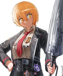 1girl absurdres badge black_coat blonde_hair coat collared_shirt don_quixote_(project_moon) double-parted_bangs hair_between_eyes hand_on_own_hip highres holding holding_polearm holding_weapon kent_arrow31 lcb_uniform_(project_moon) limbus_company looking_at_object necktie polearm project_moon red_necktie shirt smile solo upper_body weapon white_background white_shirt yellow_eyes