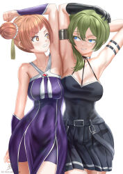 2girls angry annoyed arm_behind_back arm_strap arm_up armpits arms_up asymmetrical_docking bare_shoulders belt belt_buckle black_belt black_choker black_dress black_gloves blue_eyes breast_envy breast_press breasts buckle choker clenched_teeth colored_eyelashes commission double_bun dress elbow_gloves eye_contact eyebrows_hidden_by_hair gloves green_hair grin hair_between_eyes hair_bun half-closed_eyes highres kein_hasegawa large_breasts laufen_(sousou_no_frieren) long_dress long_hair looking_at_another medium_breasts multiple_girls neck orange_eyes orange_hair parted_lips purple_dress purple_shorts short_shorts shorts side-by-side side_ponytail silver_armlet single_elbow_glove single_glove smile sousou_no_frieren standing teeth thighs ubel_(sousou_no_frieren) white_background yuri