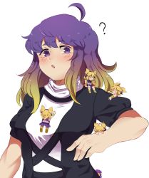 ahoge blonde_hair blush bracelet breasts brown_hair cape chibi dress gold gradient_hair hanaarts headphones highres hijiri_byakuren jewelry long_hair looking_at_viewer medium_breasts multicolored_hair multiple_girls purple_eyes purple_hair purple_skirt short_hair skirt touhou toyosatomimi_no_miko two-tone_hair white_background white_dress yellow_eyes