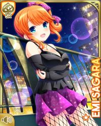 1girl :d alternate_hairstyle animal_print bare_shoulders belt black_bra black_shirt blue_eyes bow bra breasts character_name city cleavage fishnet_legwear fishnets girlfriend_(kari) hair_ribbon hair_ribbon jewelry leopard_print looking_at_viewer medium_hair nail_polish necklace night official_art open_mouth orange_hair outdoors pleated_skirt purple_ribbon purple_skirt qp:flapper ribbon rooftop sagara_emi shirt side_ponytail skirt smile solo tagme underwear