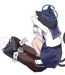 2girls animal_ears black_hoodie blue_archive blue_halo cat_ears cat_girl cat_shadow_puppet colored_inner_animal_ears colored_inner_hair crossed_arms double_w halo highres hood hoodie kazusa_(blue_archive) kikyou_(blue_archive) meme middle_w multicolored_hair multiple_girls multiple_tails pink_hair pink_halo school_uniform serafuku shadow_puppet squatting tail threeboon two-tone_hair two_tails w white_background white_serafuku