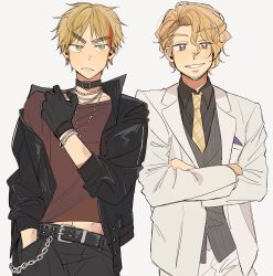 2boys absurdres axis_powers_hetalia belt black_belt black_gloves black_jacket black_pants black_shirt blonde_hair chain collarbone collared_shirt commentary_request cowboy_shot crossed_arms earrings facial_hair formal_clothes france_(hetalia) gloves green_eyes grey_vest hair_between_eyes hand_in_pocket hand_on_own_shoulder hand_up highres jacket jewelry lapels leather leather_jacket long_sleeves looking_at_another looking_at_viewer male_focus multicolored_hair multiple_boys necklace necktie ninonuko official_alternate_costume open_clothes open_jacket pants plaid_clothes plaid_necktie puffy_long_sleeves puffy_sleeves purple_eyes red_hair red_shirt shirt short_hair simple_background smile standing streaked_hair suit suit_jacket teeth united_kingdom_(hetalia) v-shaped_eyebrows vest white_background white_jacket white_pants yellow_necktie