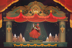 1boy 1girl arm_up bandal bow brown_hair cocoa_cookie cookie_run curtains dancing green_bow green_shoes hat highres jacket long_hair mint_choco_cookie pantyhose pine_tree red_jacket red_skirt shako_cap shirt shoes skirt snowflakes spotlight stage stage_curtains the_nutcracker tree very_long_hair white_pantyhose white_shirt