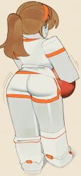 1girl ass ball brown_hair freckles from_behind full_body hairband highres holding holding_ball looking_at_viewer looking_back orange_hairband ponytail roblox shorts simple_background solo standing wamudraws