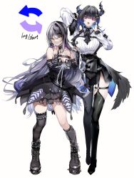 2girls alternate_hair_length alternate_hairstyle arm_up arrow_(symbol) asymmetrical_horns black_arm_warmers black_boots black_dress black_hair black_horns black_thighhighs black_vest boots breasts caicos cleavage closed_mouth commentary_request dress dress_shirt full_body grey_hair high_heel_boots high_heels highres hololive hololive_english horns index_finger_raised large_breasts long_hair long_sleeves medium_hair multiple_girls nerissa_ravencroft nerissa_ravencroft_(1st_costume) open_mouth ribbon shiori_novella shiori_novella_(1st_costume) shirt simple_background single_thighhigh smile spiked_boots standing striped_arm_warmers thigh_boots thighhighs vest virtual_youtuber white_background white_ribbon white_shirt yellow_eyes