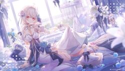 1girl ahoge animal artist_logo artist_name backlighting bird blue_dress blue_flower breasts cleavage commission detached_sleeves dress duck flower grey_hair hair_flower hair_ornament highres logo looking_at_viewer medium_hair original puffy_short_sleeves puffy_sleeves red_eyes short_sleeves sitting two-tone_dress umehara_sei virtual_youtuber white_dress white_flower wrist_cuffs