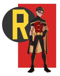 1boy belt black_footwear black_gloves black_hair black_legwear cape dc_comics dick_grayson domino_mask formal_clothes gloves hand_on_own_hip highres jerome-k-moore jpeg_artifacts knee_pads male_focus mask robin_(dc) smile suit superhero_costume young_justice