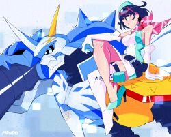 Rule 34 | 1girl, arm cannon, armor, bare shoulders, black eyes, black hair, blue eyes, breasts, carrying, crossed legs, digimon, digimon (creature), digimon story: time stranger, dress, full body, goggles, goggles on head, green dress, green hair, large breasts, mecha, omegamon, profile, robot, short hair, shoulder carry, single thighhigh, sitting, sleeveless, sleeveless dress, supermondobeat, thighhighs, two-tone dress, upper body, weapon, white armor, white dress, white thighhighs, yuuki kanan