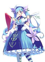 1girl absurdres alternate_costume aqua_bow aqua_eyes aqua_hair asymmetrical_legwear blue_dress blue_sailor_collar blush bow dress duel_monster feet_out_of_frame flag frilled_dress frills hat highres holding holding_flag kanzakietc long_hair open_mouth puffy_short_sleeves puffy_sleeves sailor_collar sailor_hat sailor_shirt shirt short_sleeves simple_background smile solo staysailor_romarin twintails white_background yu-gi-oh!