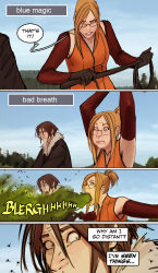 1990s_(style) 1boy 1girl blonde_hair breath brown_hair bug comic commentary constricted_pupils day english_text final_fantasy final_fantasy_viii fly gameplay_mechanics gloves highres bug lips looking_at_another open_mouth outdoors parted_lips quistis_trepe scar smile squall_leonhart stjepan_sejic whip