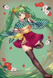 Rule 34 | 1girl, animal, animal ears, animal on shoulder, black sandals, black thighhighs, blue kimono, closed mouth, commentary request, detached sleeves, fake animal ears, full body, geta, green hair, green nails, grey eyes, hair ribbon, hakama, hakama short skirt, hakama skirt, hatsune miku, highres, japanese clothes, kimono, long hair, nail polish, natsume kei, red skirt, ribbon, sandals, skirt, solo, standing, standing on one leg, striped clothes, striped kimono, thighhighs, twintails, vertical-striped clothes, vertical-striped kimono, very long hair, vocaloid, wide sleeves