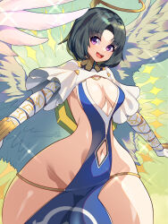 1girl :d angel angel_(last_origin) angel_wings aqua_sash black_hair blush breasts cleavage clothing_cutout cloud curvy elbow_gloves eyes_visible_through_hair feathered_wings gloves groin halo highres last_origin light_particles linea_alba long_sleeves looking_at_viewer medium_breasts navel navel_cutout no_bra no_panties open_mouth outdoors outstretched_arms print_gloves purple_eyes revealing_clothes shiny_skin short_hair sky smile solo sparkle spread_arms teeth tongue umigarasu_(kitsune1963) upper_teeth_only white_gloves white_wings wide_hips wings
