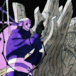 1boy black_background demonic gloves gunbai masked naruto naruto_(series) naruto_shippuuden non-web_source outer rinnegan sharingan statue strap uchiha uchiha_obito uchiha_robe war_fan