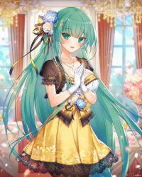 Rule 34 | 1girl, :d, blue flower, blue rose, blush, breasts, cleavage, collarbone, curtains, elbow gloves, flower, gloves, green eyes, green hair, hair flower, hair ornament, hair ribbon, hairclip, indoors, jewelry, lace, lace-trimmed skirt, lace trim, large breasts, long hair, looking at viewer, munlu (wolupus), necklace, open mouth, own hands together, pink flower, pink rose, ribbon, rose, sengoku bushouki muramasa, shirt, skirt, smile, tokugawa ieyasu (sengoku bushouki muramasa), white gloves, white shirt, window, yellow skirt
