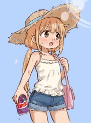 1girl bag beachepisode blonde_hair brown_eyes can flat_chest futaba_anzu hat highres idolmaster idolmaster_cinderella_girls long_hair low_twintails shorts solo sweat twintails