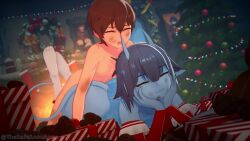 1boy 1girl 3d 60+fps :3 ^_^ age_difference animated anna_anon artist_name ass black_hair blue_horns blue_skin breasts brown_hair chocolate christmas christmas_tree closed_eyes coal colored_skin completely_nude demon_girl demon_horns detached_sleeves dirty dirty_face elbow_gloves gift gloves green_eyes grin hair_between_eyes happy_sex head_rest hetero highres horns indoors kneehighs koikatsu_(medium) looking_at_viewer looping_animation lying medium_breasts nipples nude on_stomach onee-shota original prone_bone red_eyes red_sleeves sex sex_from_behind short_hair shota skin-covered_horns smile socks tagme tail tongue tongue_out twitter_username video watermark white_socks