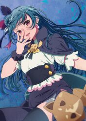 1girl :d black_capelet black_feathers black_skirt black_thighhighs blouse blue_hair brooch capelet commentary_request cowboy_shot earrings feather_hair_ornament feathers frontrivers_kae genjitsu_no_yohane grey_skirt hair_bun hair_ornament heart heart_earrings highres holding holding_staff jewelry long_hair looking_at_viewer love_live! love_live!_sunshine!! miniskirt open_mouth overskirt pink_eyes puffy_short_sleeves puffy_sleeves red_feathers shirt short_sleeves single_side_bun skirt smile solo staff thighhighs tsushima_yoshiko white_shirt yohane_(genjitsu_no_yohane)