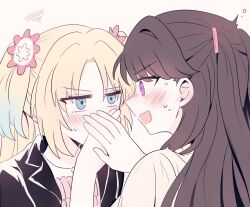 Rule 34 | 2girls, black jacket, blonde hair, blue eyes, blue hair, brown hair, commentary request, covering another&#039;s mouth, eye contact, flinch, flower, fujishima megumi, fujishima megumi (summer casual), gradient hair, hair flower, hair ornament, hand over another&#039;s mouth, highres, jacket, jewelry, jitome, link! like! love live!, looking at another, love live!, mira-cra park!, multicolored hair, multiple girls, necklace, official alternate costume, open clothes, open jacket, open mouth, osawa rurino, osawa rurino (summer casual), pink flower, pink shirt, purple eyes, shirt, simple background, squeans, squiggle, twintails, two side up, upper body, virtual youtuber, watage modoki, white background, white shirt