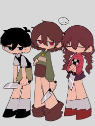 Rule 34 | ..., 1boy, 1girl, 1other, ankle boots, antenna hair, arm at side, black eyes, black footwear, black hair, black sweater vest, bob cut, boots, braid, bright pupils, brown footwear, brown shorts, chara (undertale), closed eyes, closed mouth, commentary, dot mouth, dot nose, double-parted bangs, english commentary, full body, green shorts, green sweater, grey background, hair behind ear, hair between eyes, hand on own hip, heart, heart necklace, holding, holding knife, hunched over, interlocked fingers, jewelry, kneehighs, knife, long hair, long sleeves, looking at viewer, madotsuki, miniskirt, necklace, omori, own hands clasped, own hands together, pink sweater, puffy long sleeves, puffy sleeves, purple skirt, red eyes, red footwear, shiba inu (j1piwzrj8xdzywk), shirt, short hair, short sleeves, shorts, simple background, skirt, socks, spoken ellipsis, standing, striped clothes, striped sweater, sunny (omori), sweatdrop, sweater, sweater vest, turtleneck, turtleneck sweater, twin braids, undertale, weapon connection, white pupils, white shirt, white socks, yume nikki