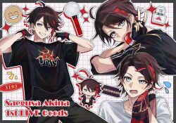 1boy ahoge artist_name black_border black_gloves black_shirt blue_eyes border bottle bracelet brown_hair character_doll character_name chili_pepper_hair_ornament commentary_request drop_shadow emoji english_text fingerless_gloves flying_sweatdrops food-themed_hair_ornament gloves go_(roku) grid_background grin hair_between_eyes hair_ornament hands_up highres holding holding_towel jewelry looking_at_viewer looking_to_the_side lower_teeth_only male_focus multicolored_hair multiple_views nijisanji notice_lines object_request outline outside_border parted_bangs perfume_bottle print_shirt red_hair saegusa_akina shirt short_hair short_sleeves smile sparkle streaked_hair sweat t-shirt teeth towel twitter_username v virtual_youtuber watermark white_background white_outline white_shirt