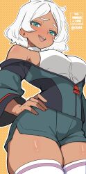 1girl aqua_eyes blush breasts gundam gundam_suisei_no_majo highres jacket large_breasts looking_at_viewer medium_hair open_mouth secelia_dote shirt shorts skindentation sleeveless sleeveless_shirt solo standing teeth thighhighs turtleneck turtleneck_shirt upper_teeth_only white_hair white_shirt white_thighhighs xel4 zettai_ryouiki