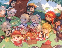 6+boys 6+girls :d aether_(genshin_impact) ahoge albedo_(genshin_impact) alternate_costume barbara_(genshin_impact) barbara_(summertime_sparkle)_(genshin_impact) bennett_(genshin_impact) black_hair blonde_hair bow braid brown_hair bug butterfly cabbage carrying casual chibi cooking daikon diluc_(genshin_impact) drill_hair egg_(food) explosive fish-flavored_toast_(genshin_impact) food genshin_impact glasses goggles goggles_on_head gradient_hair green_hair grill grilling hair_between_eyes hair_bow hair_ribbon hairband hat insect jean_(genshin_impact) jean_(sea_breeze_dandelion)_(genshin_impact) kaeya_(genshin_impact) klee_(genshin_impact) long_hair long_sleeves low_ponytail low_twintails mona_(genshin_impact) multicolored_hair multiple_boys multiple_girls open_mouth paimon_(genshin_impact) paku_(cheebpaku) picnic picnic_basket pizza pointy_ears ponytail radish razor_(genshin_impact) red_hair ribbon short_hair short_sleeves sidelocks single_braid smile straw_hat sucrose_(genshin_impact) teyvat_charred_egg_(genshin_impact) twin_braids twin_drills twintails venti_(genshin_impact) white_hair wind_glider yellow_eyes