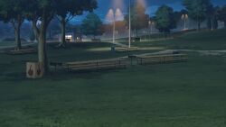 basketball_court basketball_hoop bench blurry building cloud cloudy_sky dark depth_of_field dirt_road fence grass grill highres iron_fence lamppost night no_humans non-web_source official_art our_life:_beginnings_and_always park park_bench plate road scenery shadow sky tree