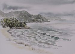 absurdres beach cloud cloudy_sky day highres hill horizon mountainous_horizon no_humans ocean original painting_(medium) scenery shore sky tanamachi_yoshihiro traditional_media water watercolor_(medium) waves white_background