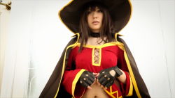 Rule 34 | 1girl, asian, brown eyes, brown hair, cape, choker, clothes lift, cosplay, covered erect nipples, gloves, hat, highres, kono subarashii sekai ni shukufuku wo!, megumin, megumin (cosplay), navel, photo (medium), shirt lift