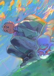 Rule 34 | 1boy, absurdres, backpack, bag, bakushi (smys2017), blue sky, brown eyes, dark-skinned male, dark skin, dutch angle, gen 8 pokemon, grey hair, highres, jacket, knees up, looking at viewer, nintendo, outdoors, poke ball, pokemon, pokemon (creature), pokemon swsh, short hair, sitting, sky, sobble, sunset