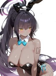 1girl absurdly_long_hair absurdres animal_ears aqua_bow aqua_bowtie bare_shoulders black_hair black_leotard blue_archive blush bow bowtie breasts cleavage closed_mouth collar dark-skinned_female dark_skin detached_collar dot_nose expressionless fake_animal_ears fishnet_pantyhose fishnets floating_hair hair_intakes highres huge_breasts karin_(blue_archive) karin_(bunny)_(blue_archive) leaning_forward leotard long_hair number_tattoo official_alternate_costume official_alternate_hairstyle pantyhose rabbit_ears rabbit_tail shoulder_tattoo side-tie_leotard sidelocks simple_background solo strapless strapless_leotard tail tattoo undersized_breast_cup unfinished very_long_hair white_background white_collar wispy_bangs yellow_eyes yue3621