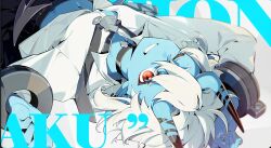 1girl black_choker blue_horns blue_skin choker colored_skin cuffs grin hair_between_eyes handcuffs highres horns jewelry long_sleeves looking_at_viewer lying male_focus mindscape_cinema_(zenless_zone_zero) official_art on_back one_eye_closed oni pointy_ears red_eyes resized shirt short_hair smile solo soukaku_(zenless_zone_zero) third-party_edit upscaled white_hair white_shirt zenless_zone_zero