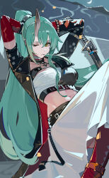 Rule 34 | 1girl, arknights, arms behind head, arms up, bad source, bandeau, belt, black choker, black jacket, breasts, choker, chongchongbao mushi, elbow gloves, feet out of frame, gloves, green hair, hair between eyes, high ponytail, highres, holding, holding sword, holding weapon, horns, hoshiguma (arknights), hoshiguma the breacher (arknights), jacket, katana, long hair, looking at viewer, midriff, mouth hold, navel, official alternate costume, one eye closed, open clothes, open jacket, pants, ponytail, sarashi, single horn, sitting, smile, solo, stomach, strapless, sword, tube top, very long hair, weapon, white pants, yellow eyes