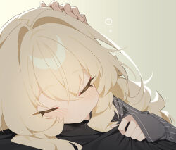 Rule 34 | 1girl, 1other, absurdres, blonde hair, blue archive, blush, closed eyes, clothes grab, drooling, hair between eyes, hair intakes, hand on another&#039;s head, highres, honi (honi1010), long hair, professor niyaniya (blue archive), saliva, sleeping, sleeves past wrists, solo focus